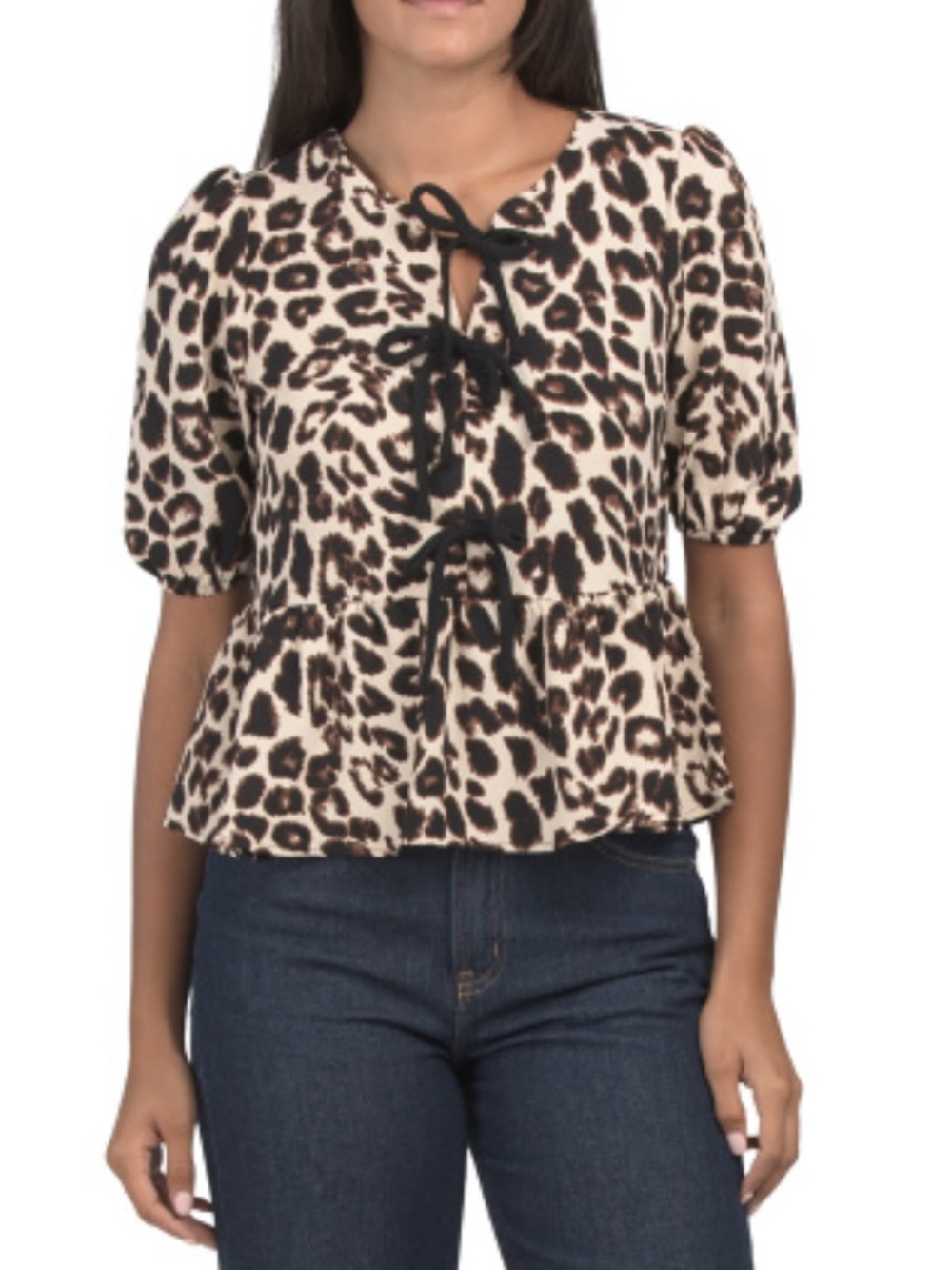Monteau Los Angeles Leopard Print Puff Sleeve Tie Front Blouse
